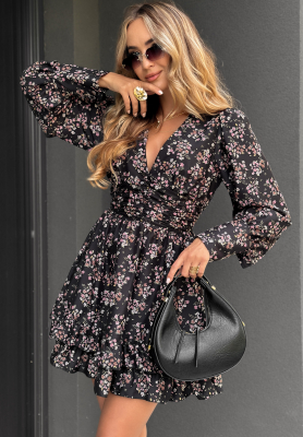 Geblümtes Minikleid mit Rüschen Flowery Rain Schwarz