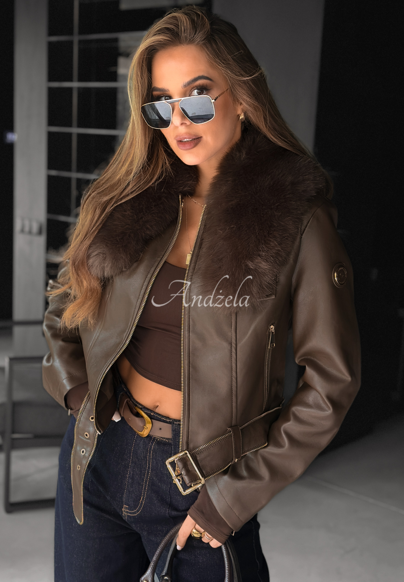 Lederjacke mit Pelz Still Unread Schokoladenbraun