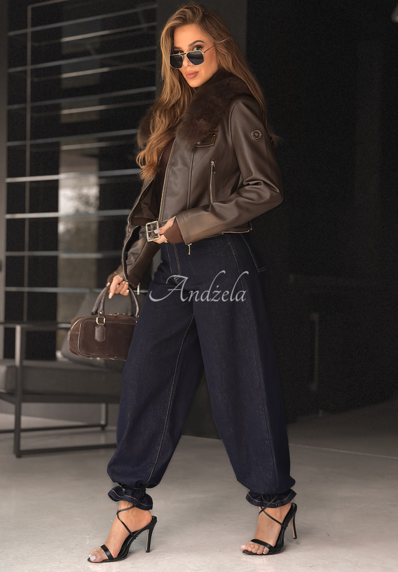 Bikerjacke aus Leder mit Pelz Still Unread Schokoladenbraun