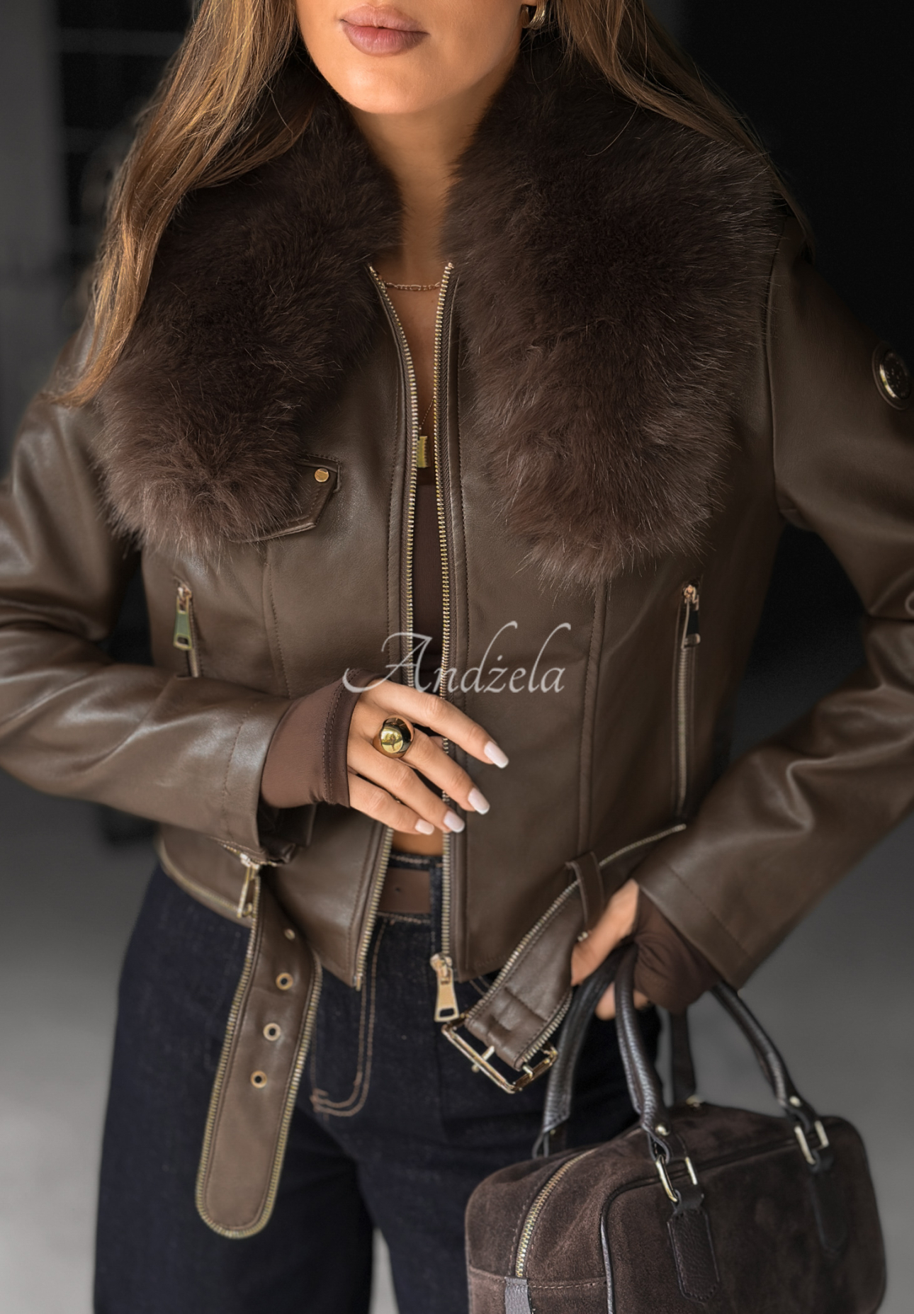 Bikerjacke aus Leder mit Pelz Still Unread Schokoladenbraun