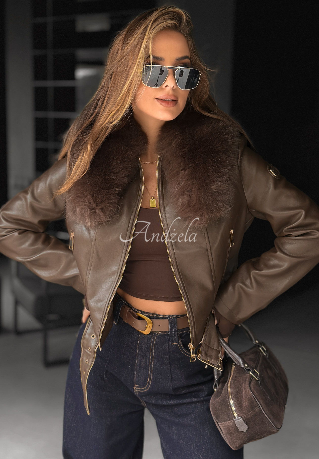 Bikerjacke aus Leder mit Pelz Still Unread Schokoladenbraun