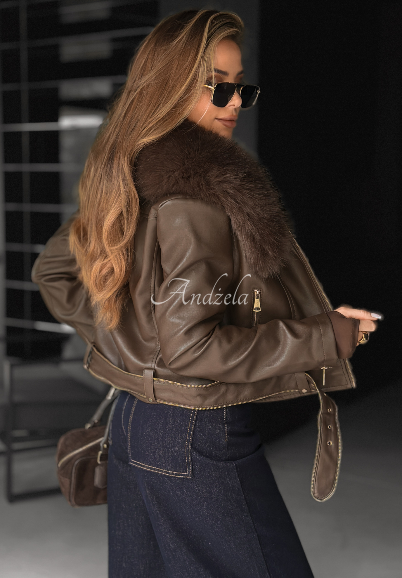 Bikerjacke aus Leder mit Pelz Still Unread Schokoladenbraun