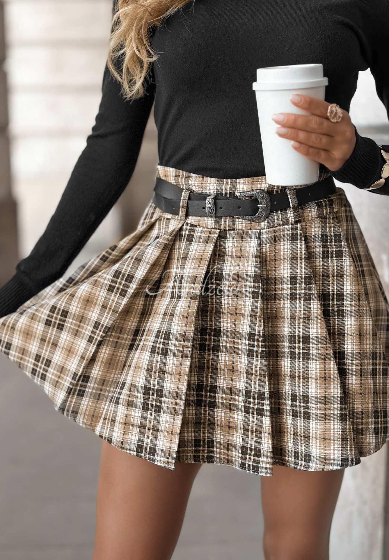 Plissierter Minirock mit Karomuster Still Autumn Beige