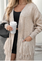 Długi Cardigan z frędzlami Find Her Glow Beige