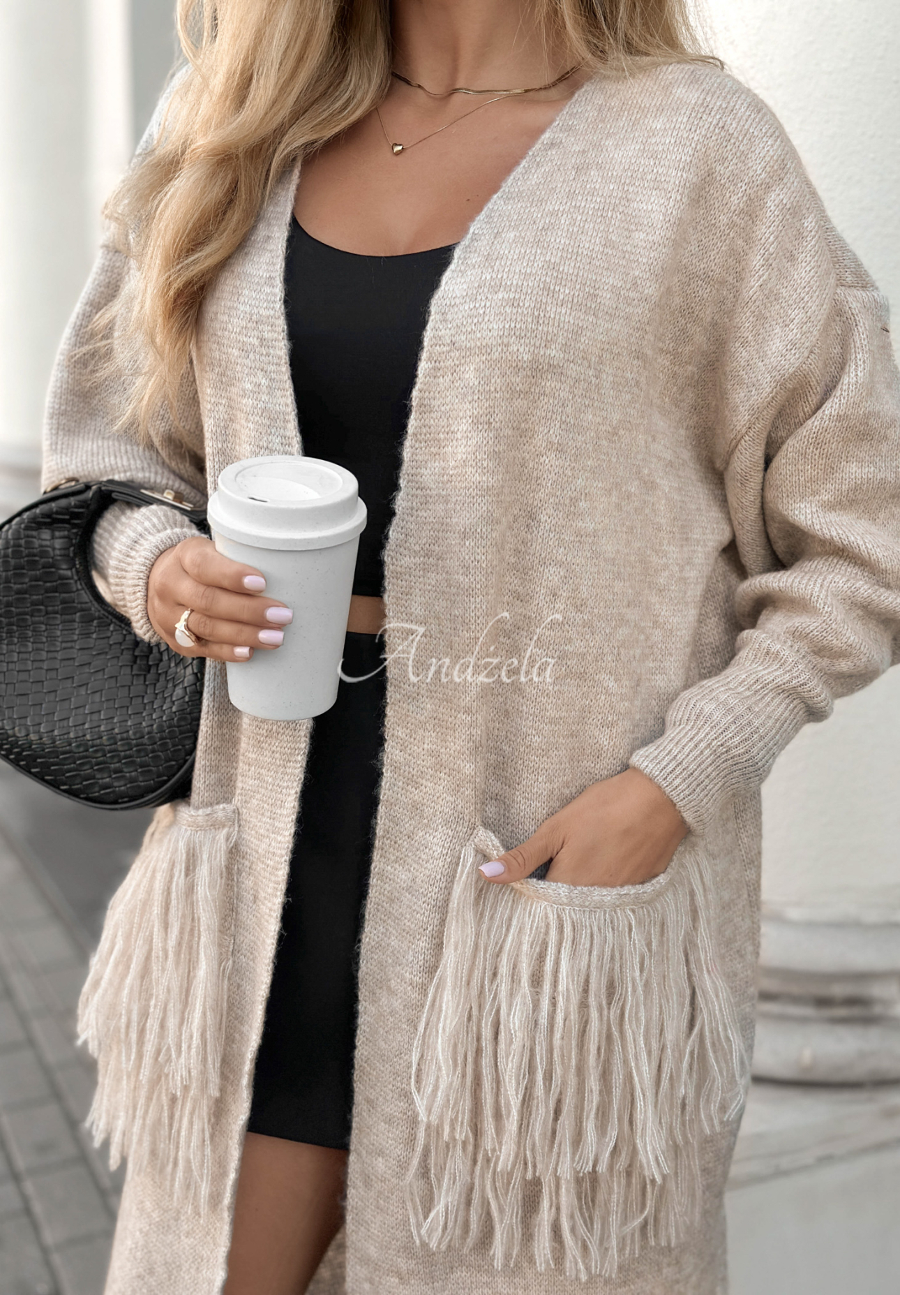 Langer Cardigan mit Fransen Find Her Glow Beige