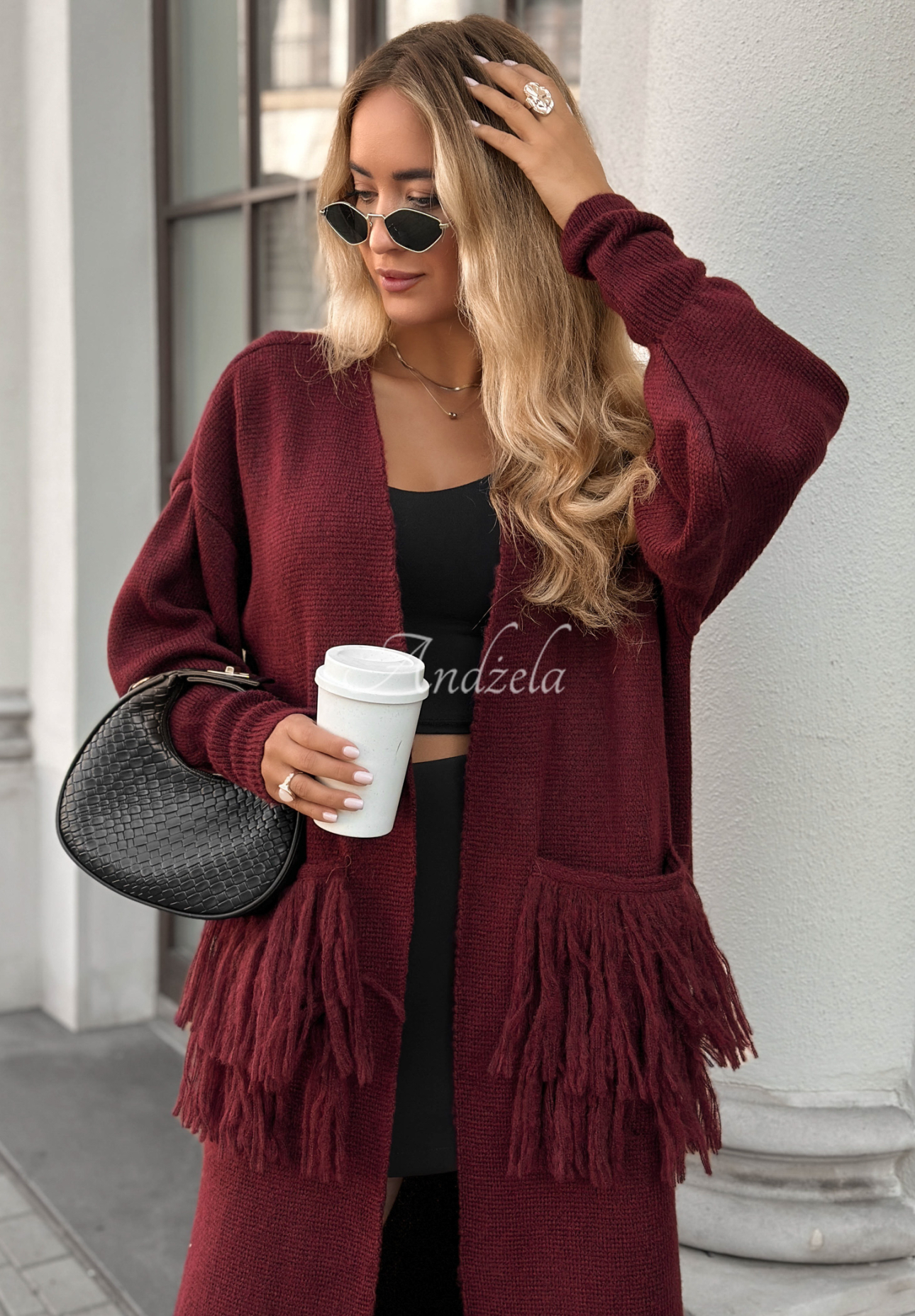 Langer Cardigan mit Fransen Find Her Glow Burgunderrot