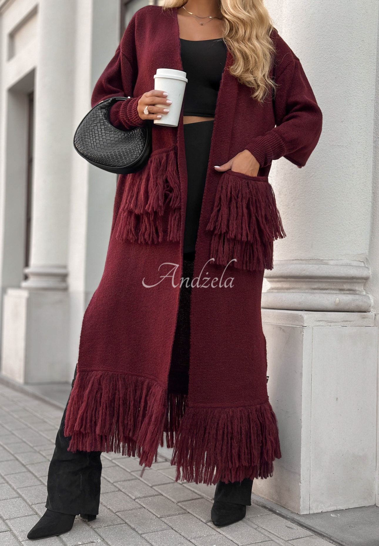 Langer Cardigan mit Fransen Find Her Glow Burgunderrot