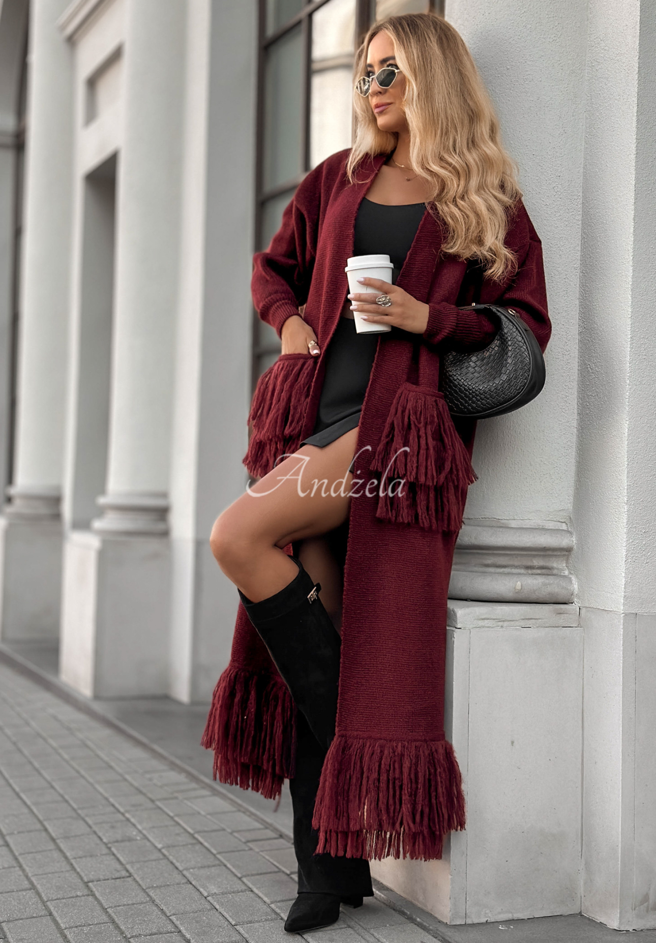 Langer Cardigan mit Fransen Find Her Glow Burgunderrot