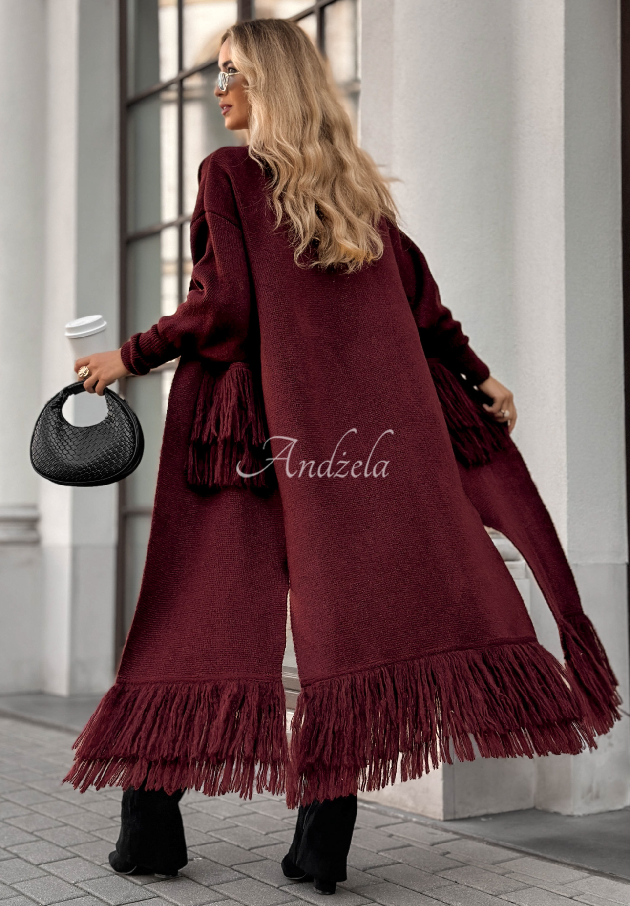 Langer Cardigan mit Fransen Find Her Glow Burgunderrot
