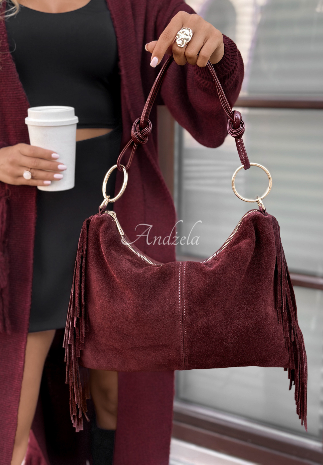 Wildledertasche mit Fransen Story Deleted Burgunderrot
