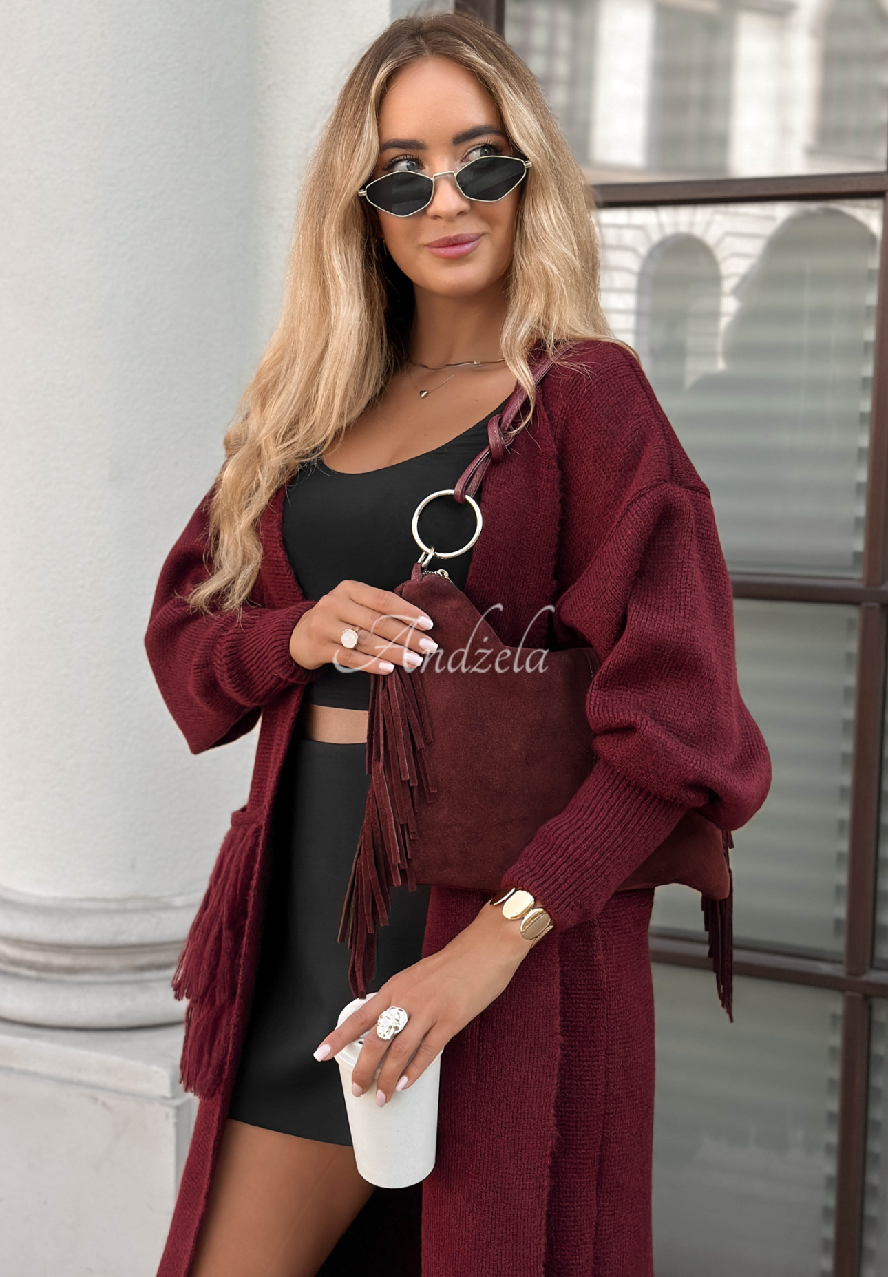 Story Deleted burgundy suede fringe handbag