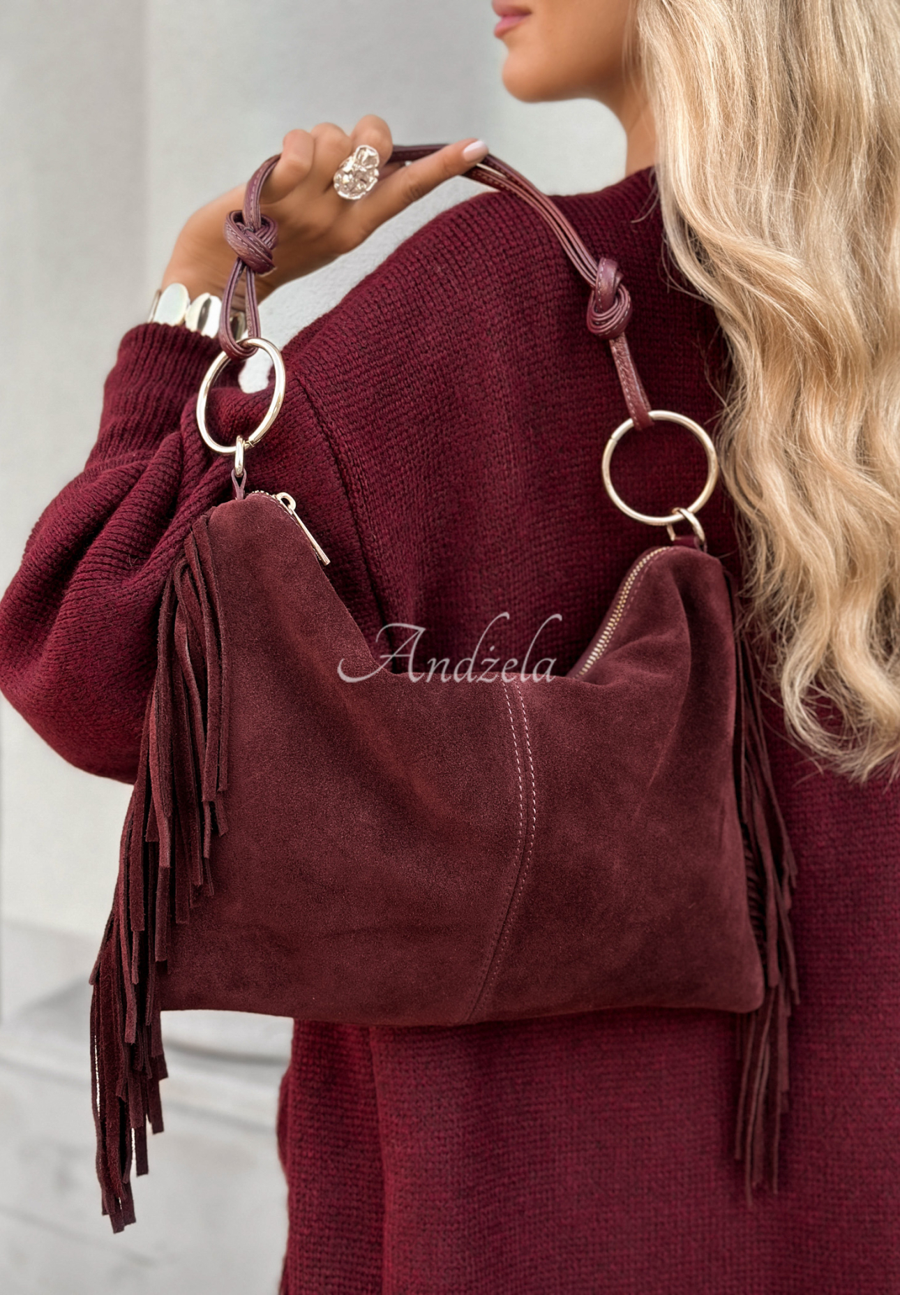 Wildledertasche mit Fransen Story Deleted Burgunderrot