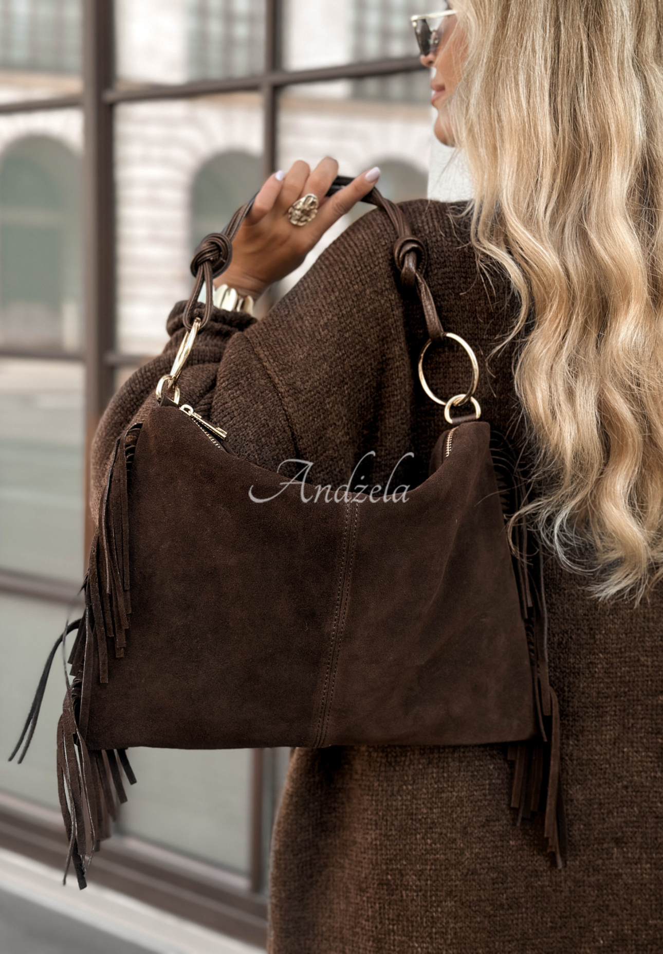 Wildledertasche mit Fransen Story Deleted Schokoladenbraun