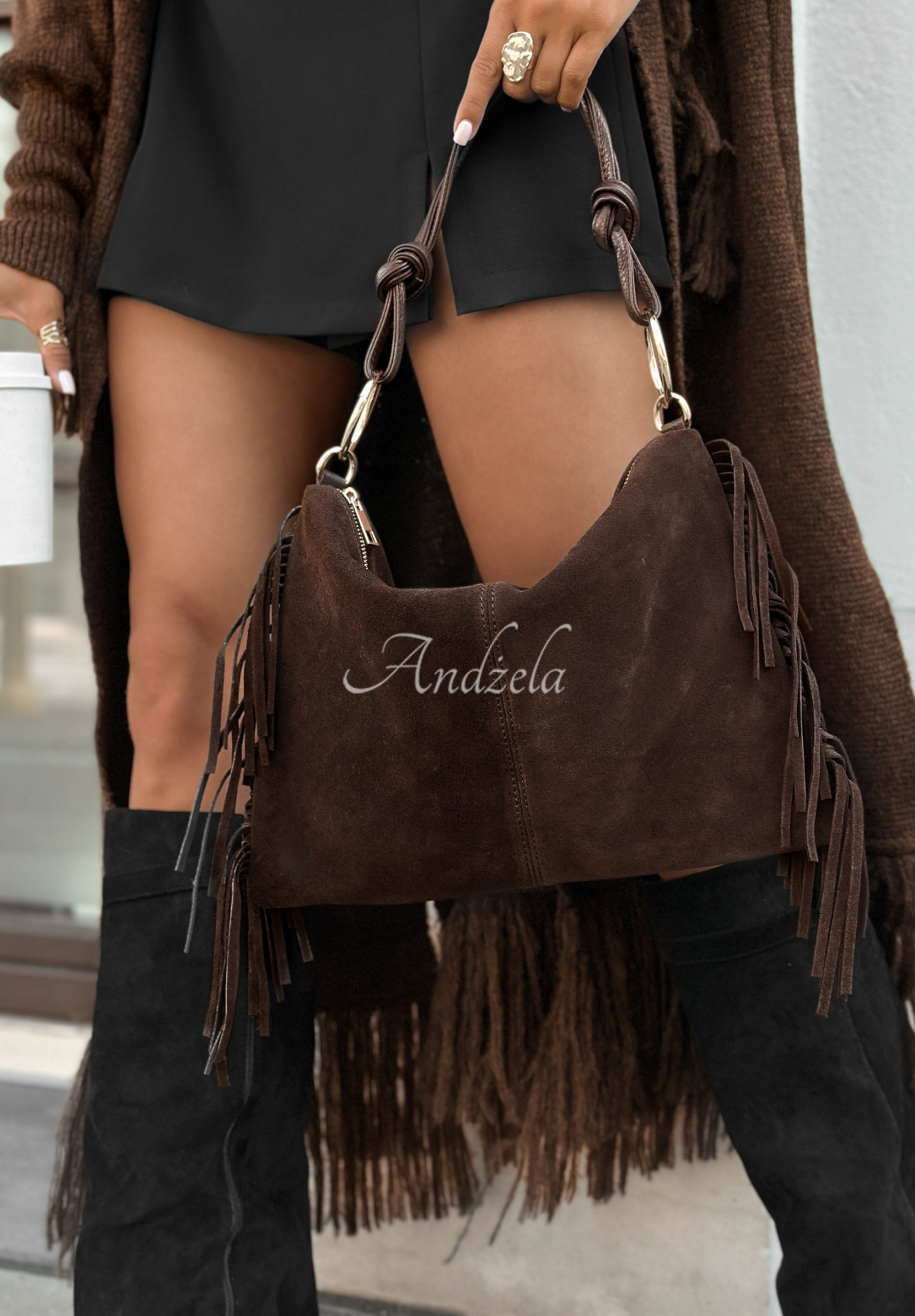 Wildledertasche mit Fransen Story Deleted Schokoladenbraun