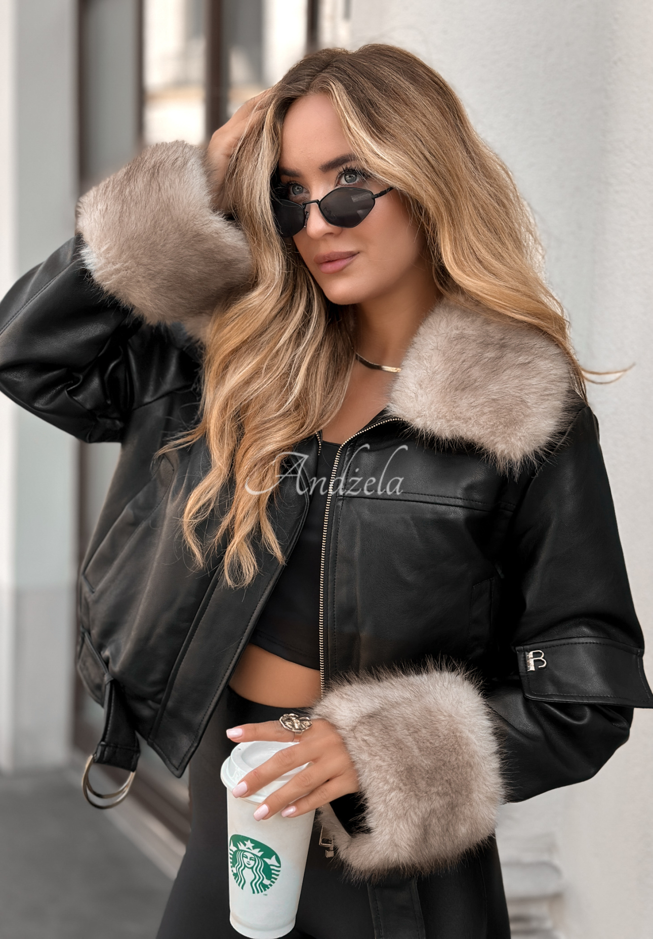 Bikerjacke aus Leder mit Pelz Never Say Never Schwarz