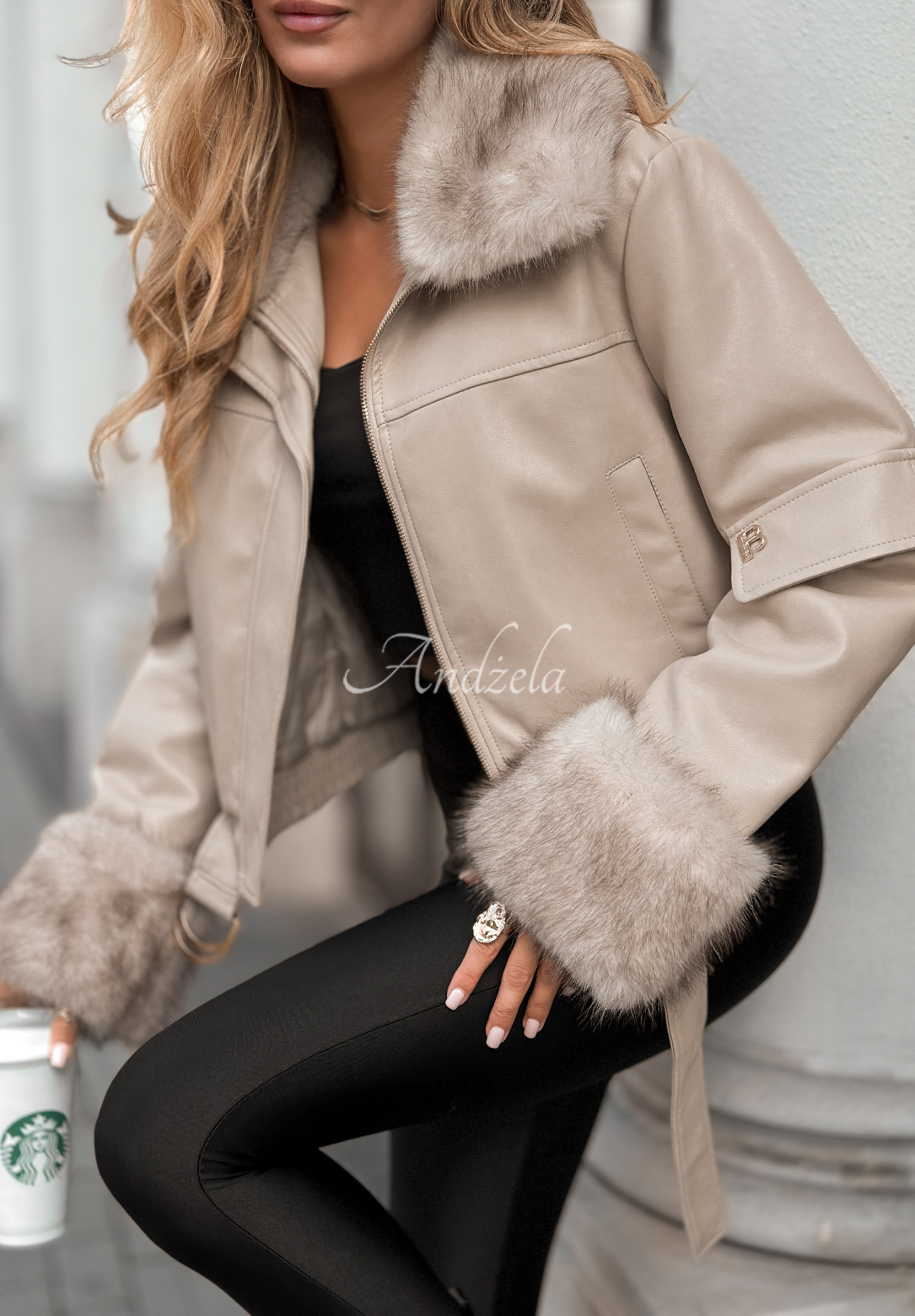 Bikerjacke aus Leder mit Pelz Never Say Never Beige