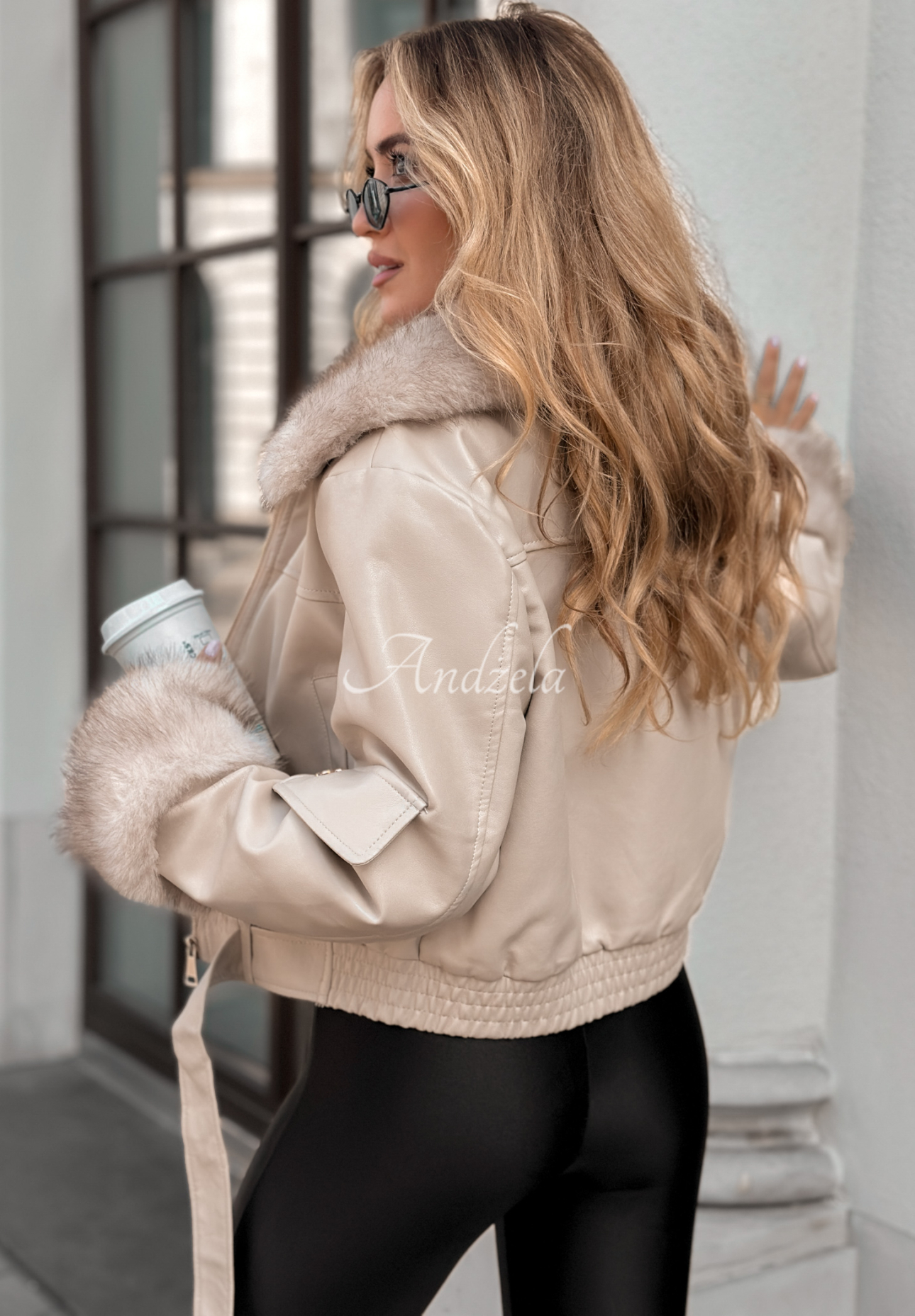 Bikerjacke aus Leder mit Pelz Never Say Never Beige