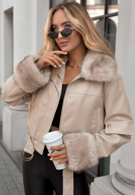 Bikerjacke aus Leder mit Pelz Never Say Never Beige