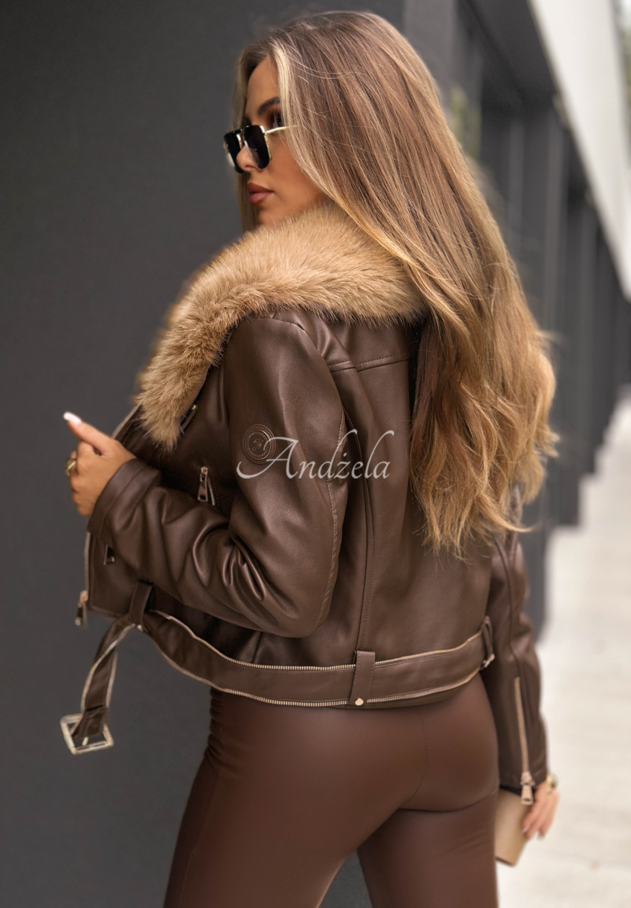 Bikerjacke aus Leder mit Pelz Still Unread schokoladenbraun-beige