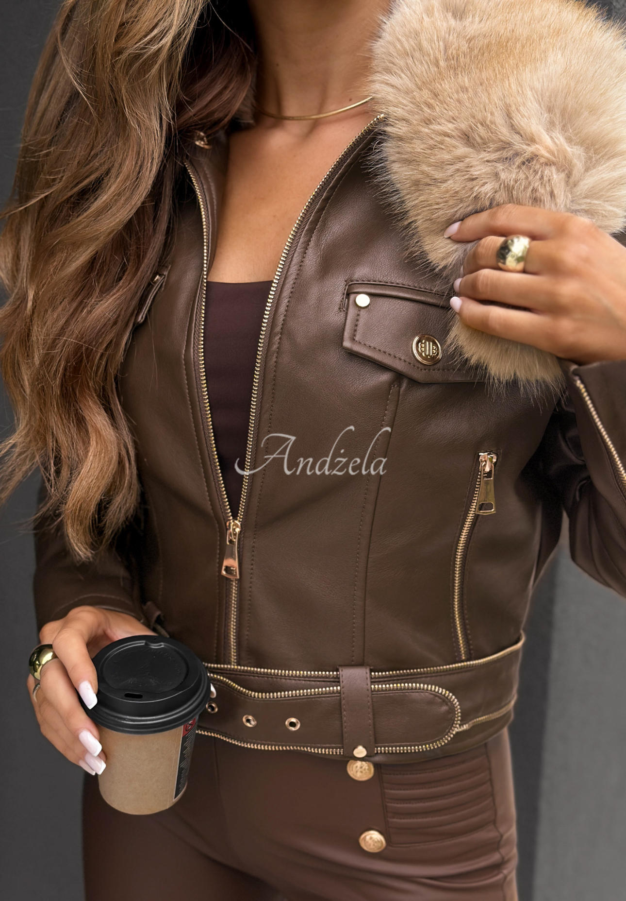 Bikerjacke aus Leder mit Pelz Still Unread schokoladenbraun-beige