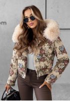 Krótka Jacke w kwiaty z futerkiem Frosted Flowers Beige