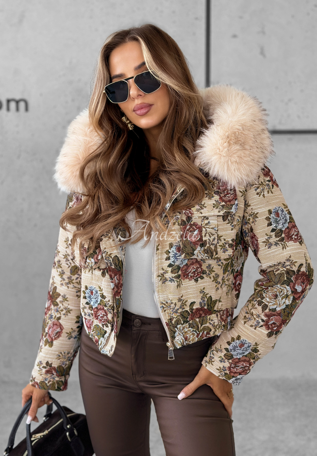 Jacquardjacke mit Blumenmuster und Pelz Frosted Flowers Beige