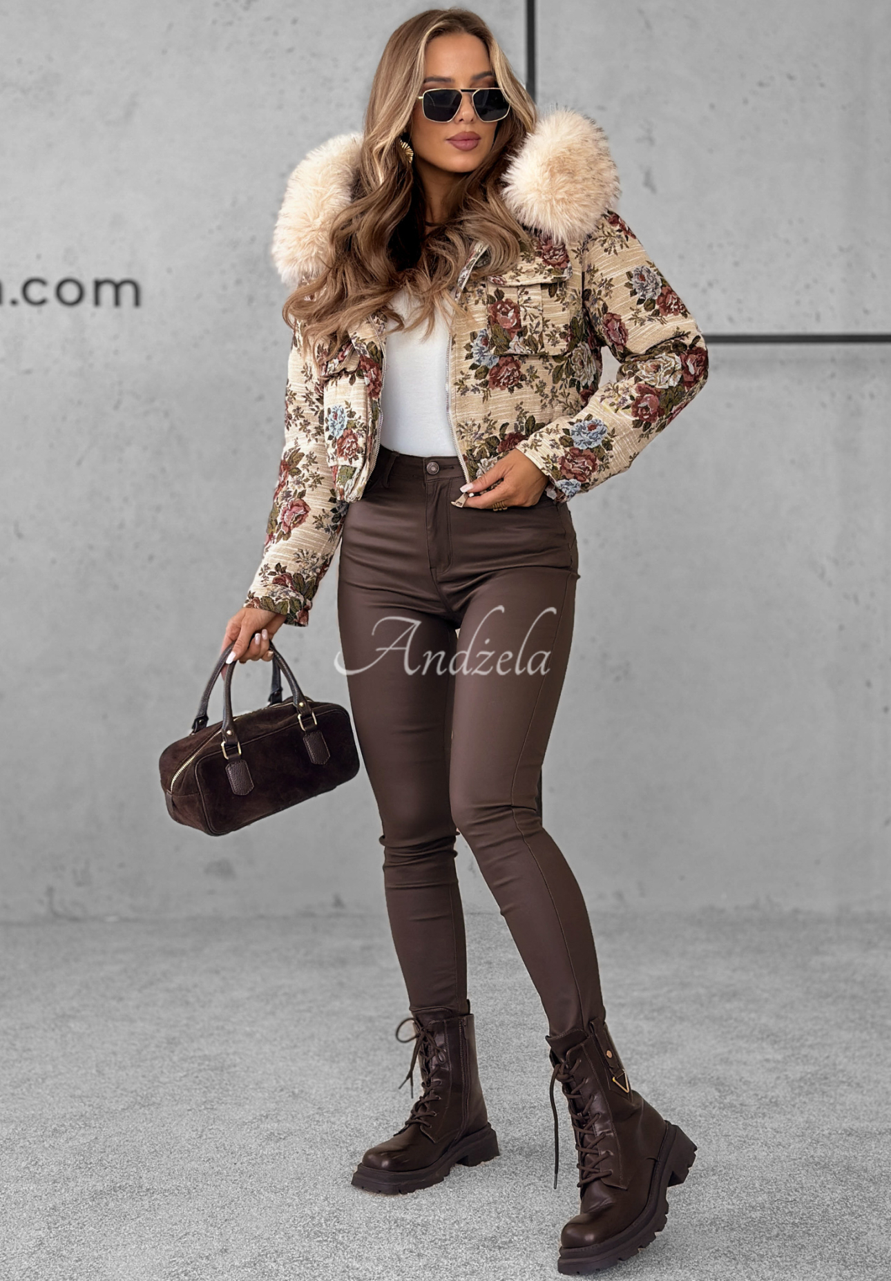 Jacquardjacke mit Blumenmuster und Pelz Frosted Flowers Beige