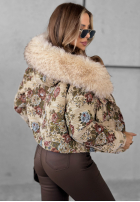 Krótka Jacke w kwiaty z futerkiem Frosted Flowers Beige