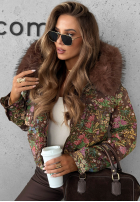 Krótka Jacke w kwiaty z futerkiem Frosted Flowers Schokoladenbraun