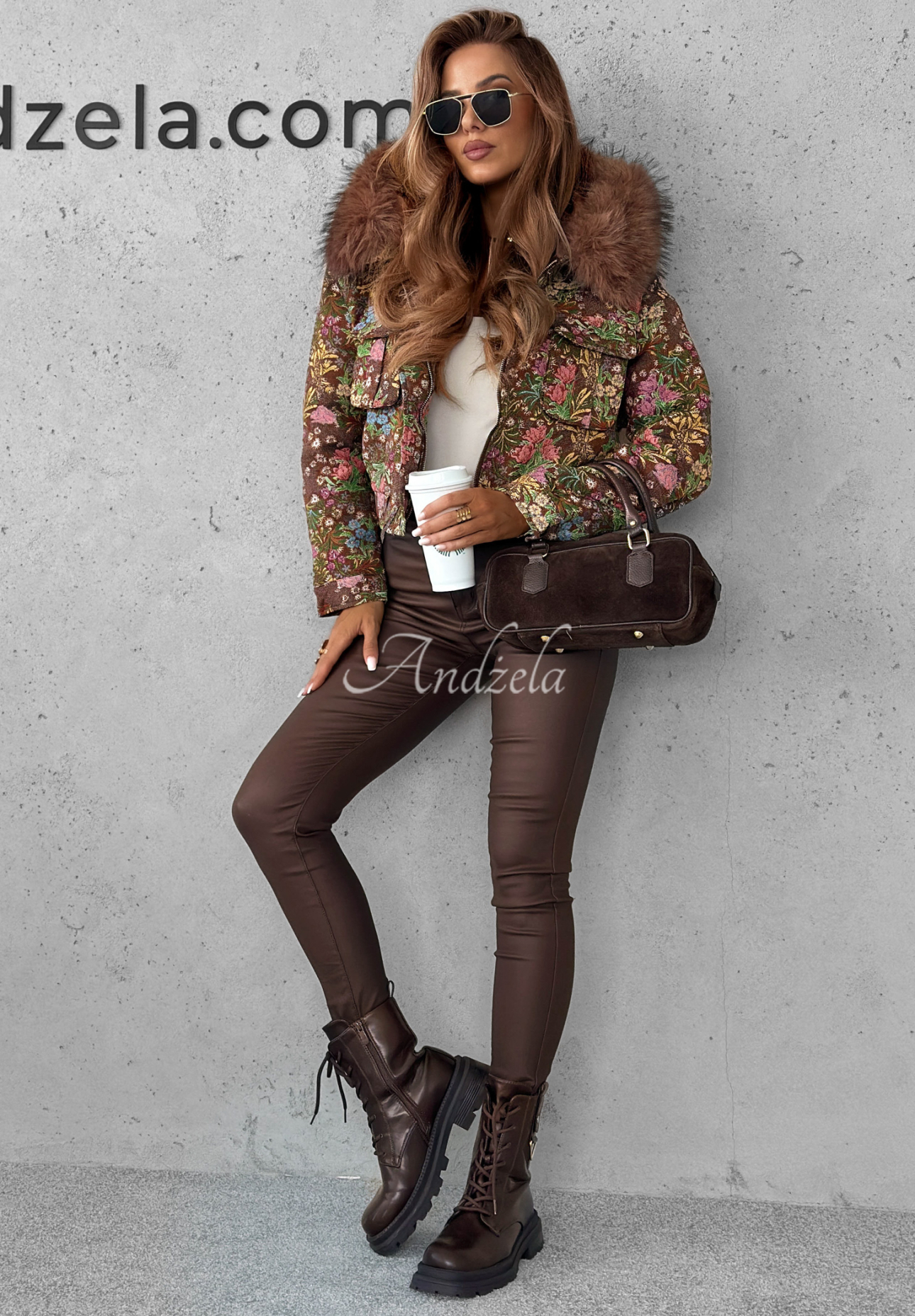 Jacquardjacke mit Blumenmuster und Pelz Frosted Flowers Schokoladenbraun