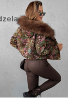 Krótka Jacke w kwiaty z futerkiem Frosted Flowers Schokoladenbraun