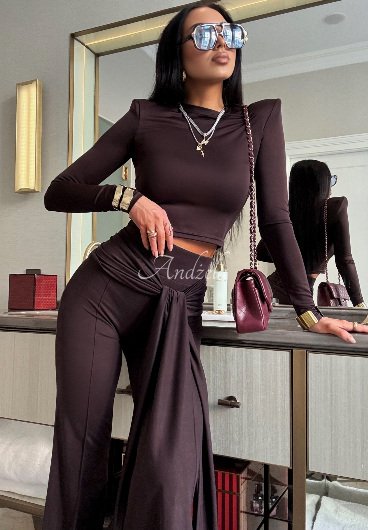 Set aus Viskosebluse und Schlaghose La Milla Kinda Famous Schokoladenbraun
