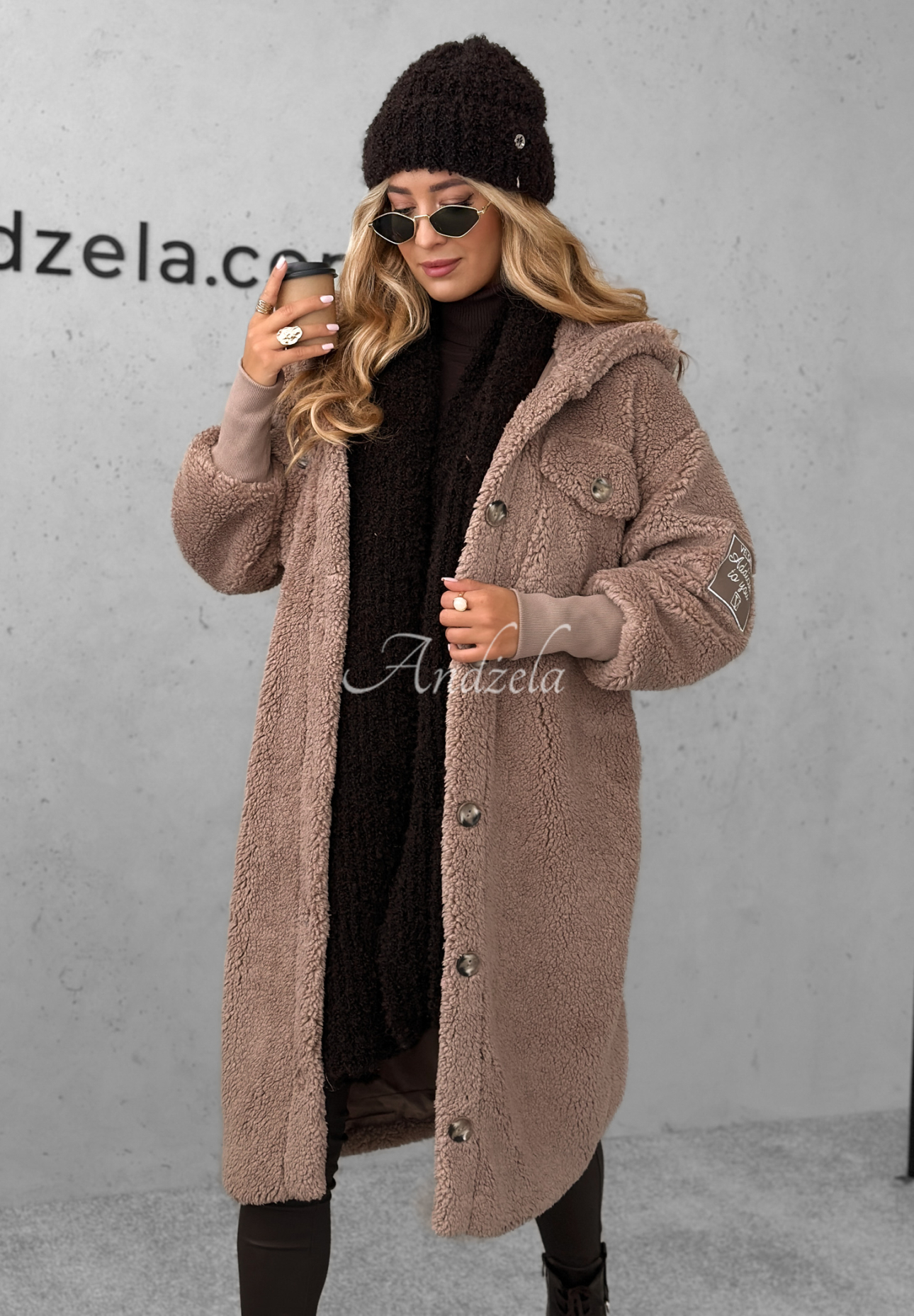 Langer Schaffellmantel Just Enough dunkelbeige