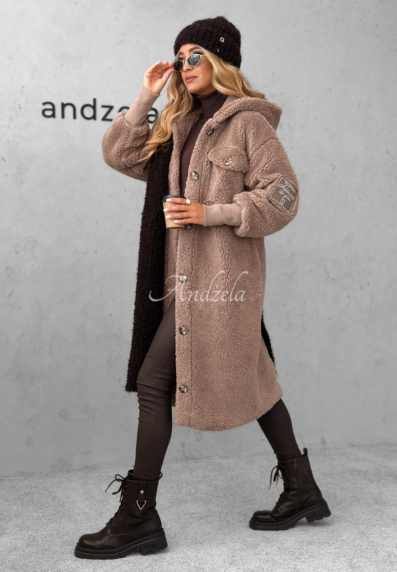 Langer Schaffellmantel Just Enough dunkelbeige