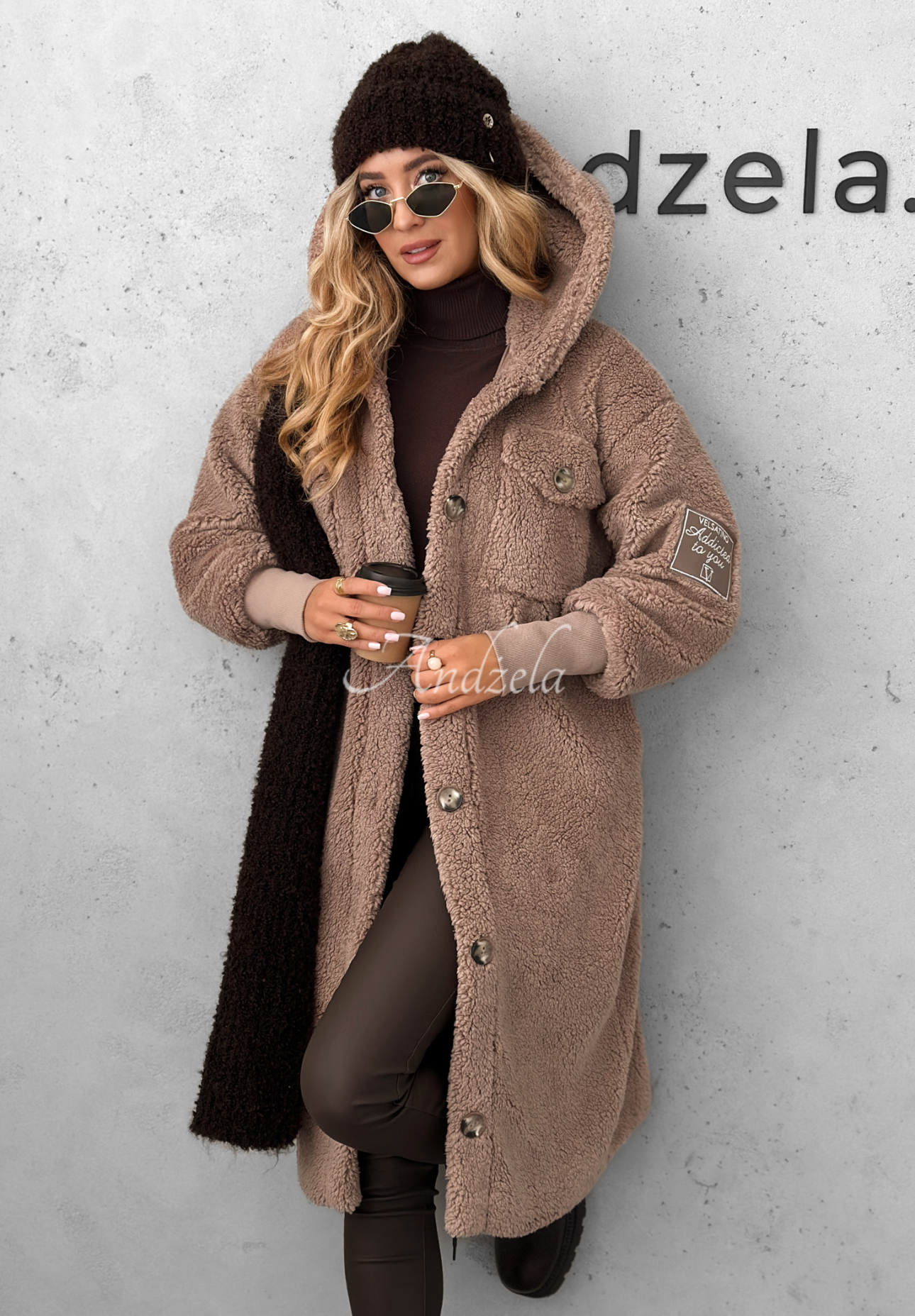 Langer Schaffellmantel Just Enough dunkelbeige
