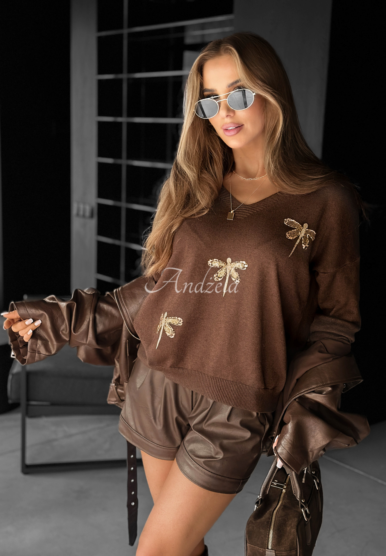 Viskosepullover mit Applikation Delicate Wings  Schokoladenbraun