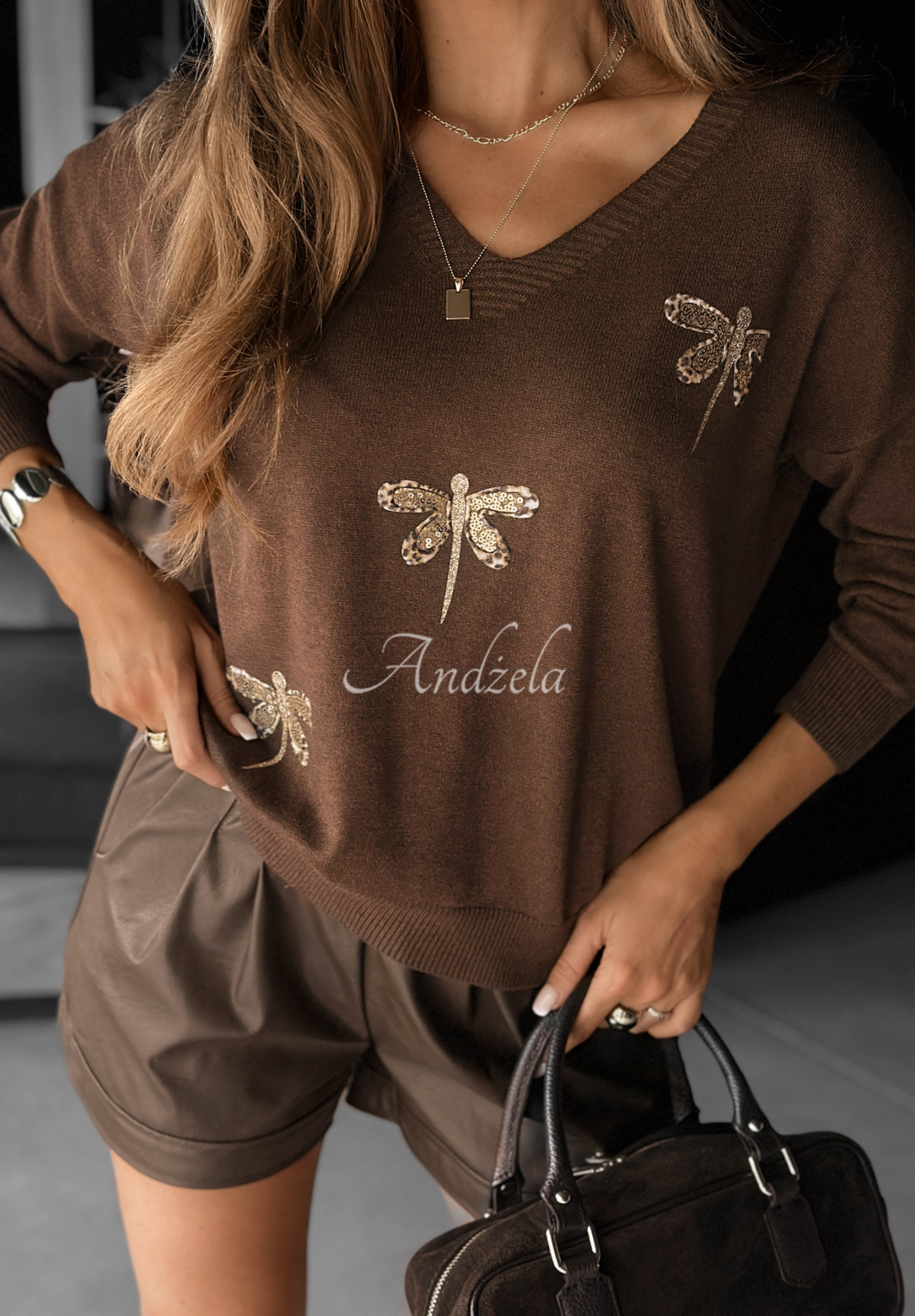 Viskosepullover mit Applikation Delicate Wings  Schokoladenbraun
