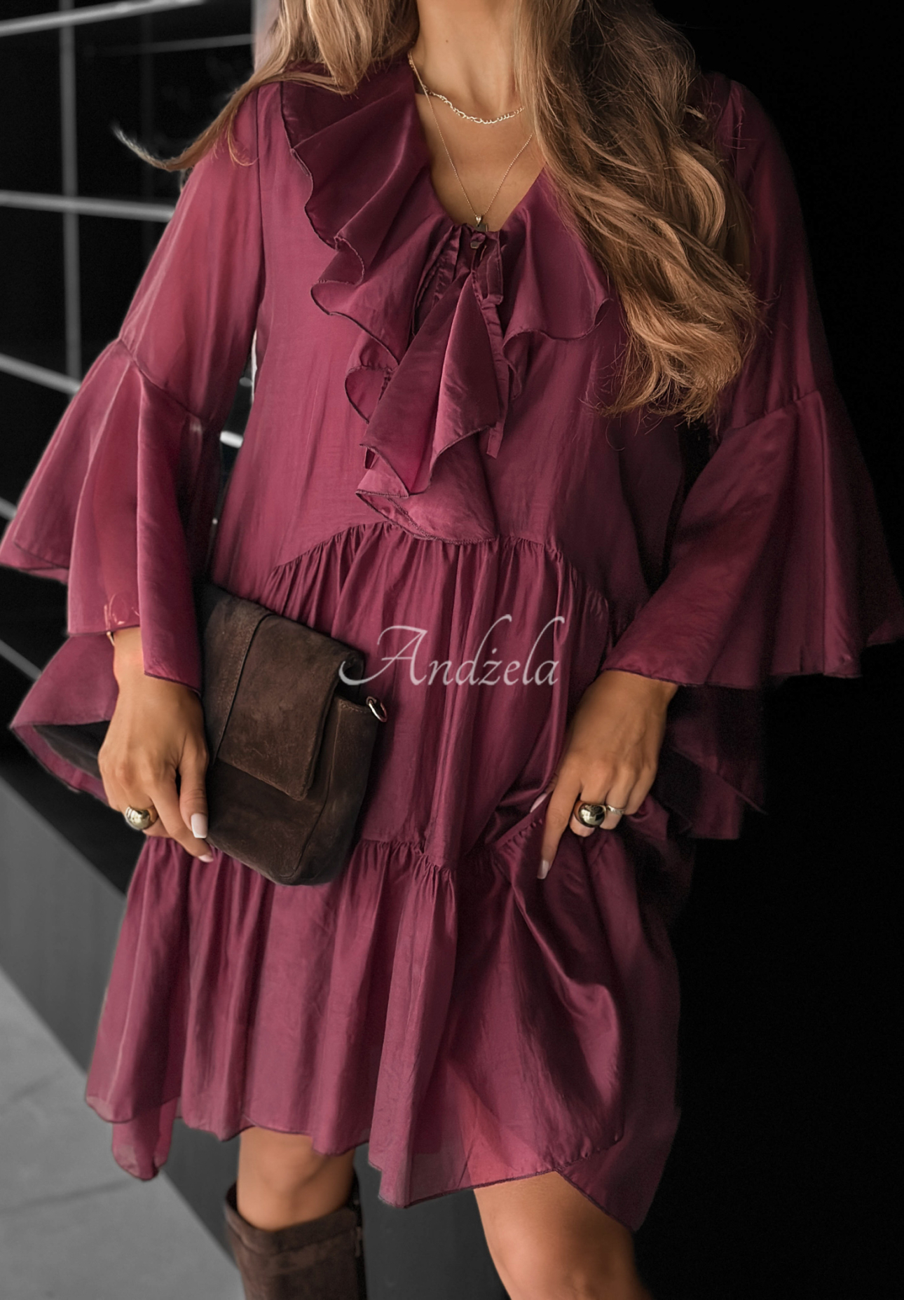 Tencel-Kleid mit Rüschen He Forgot Burgunderrot