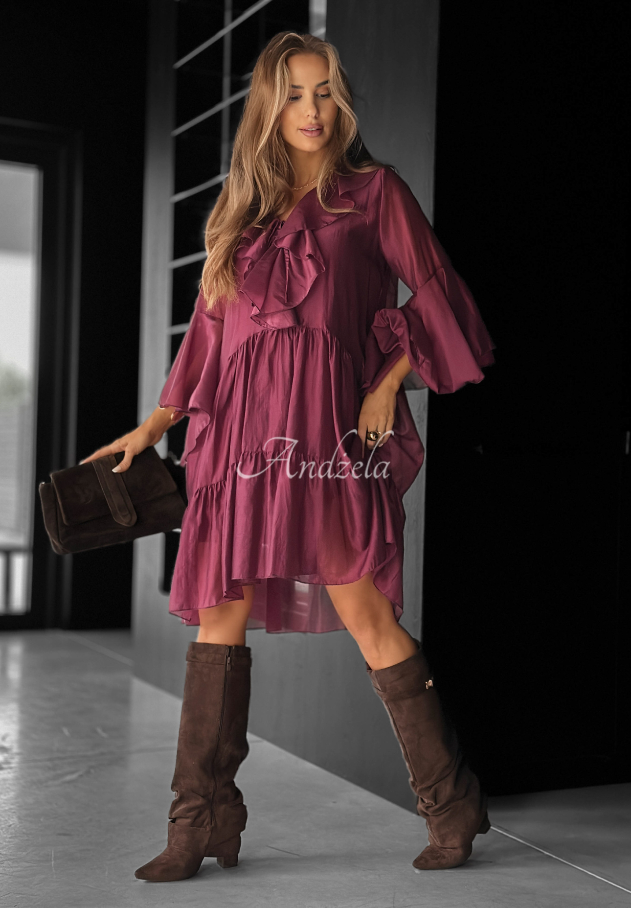 Tencel-Kleid mit Rüschen He Forgot Burgunderrot