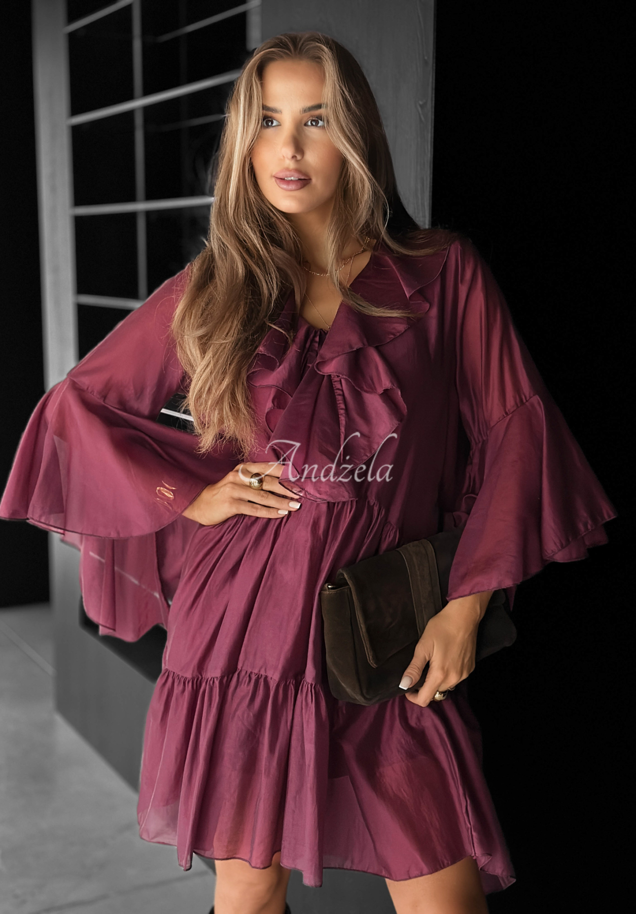 Tencel-Kleid mit Rüschen He Forgot Burgunderrot