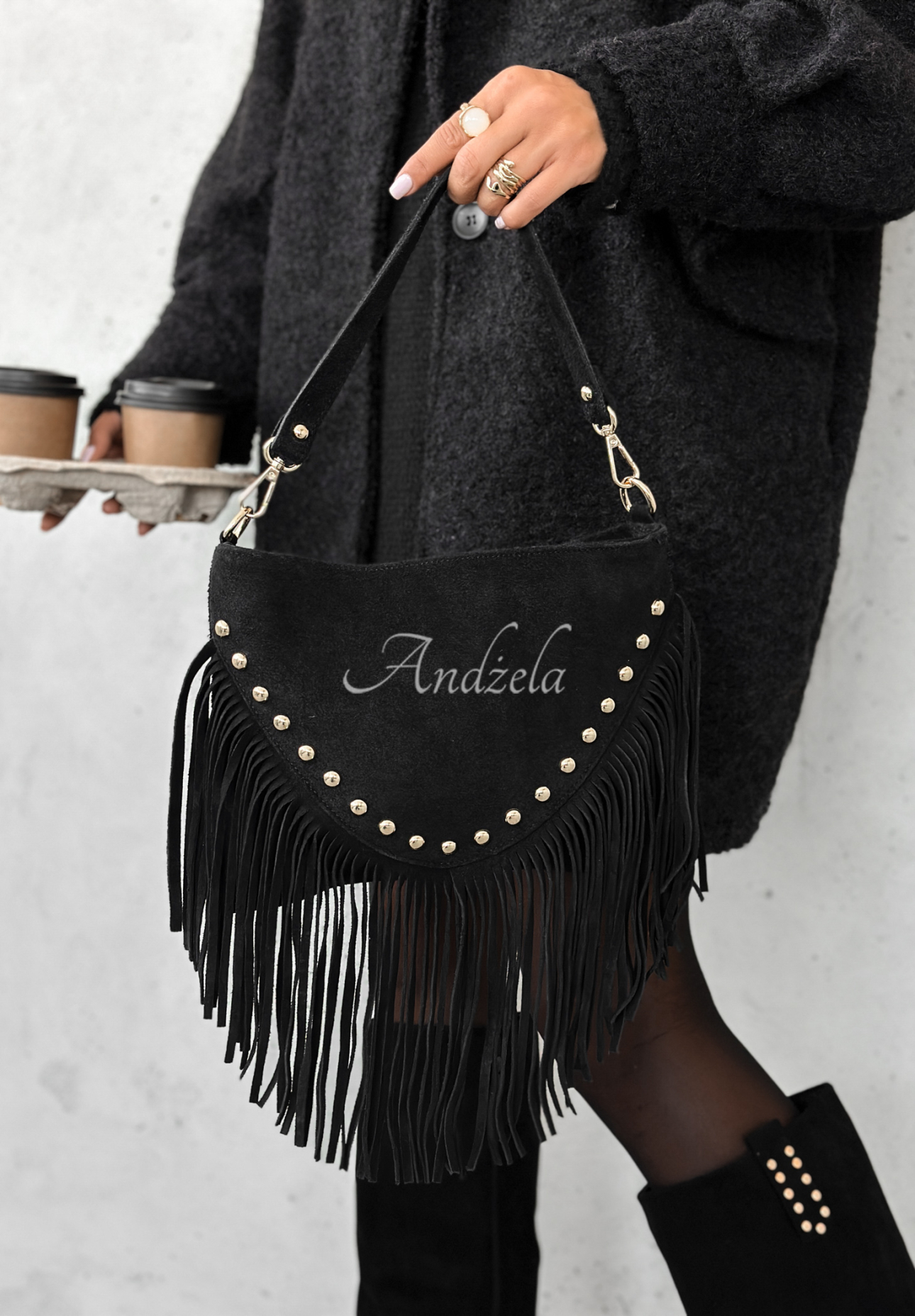 Wildledertasche mit Fransen Hold This Moment Schwarz