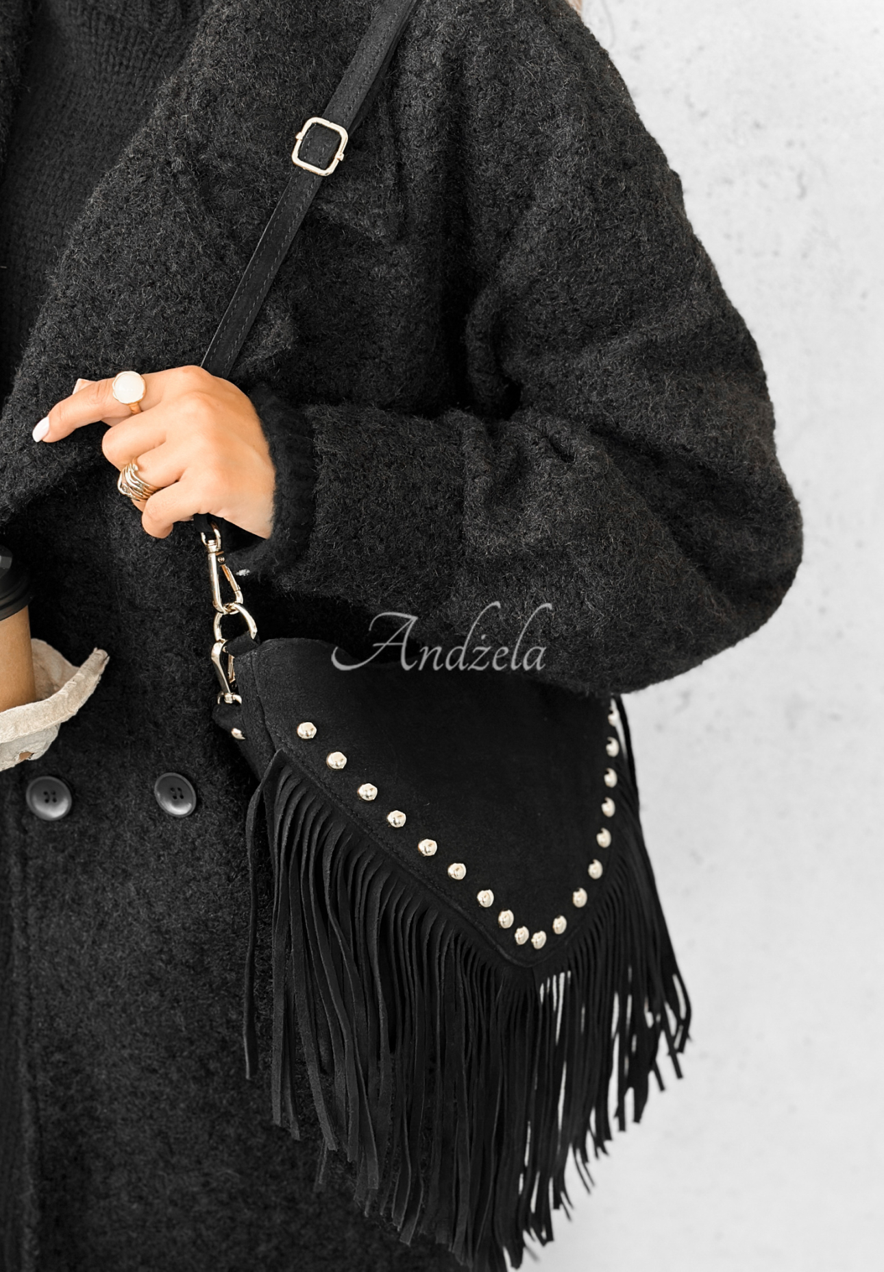 Wildledertasche mit Fransen Hold This Moment Schwarz