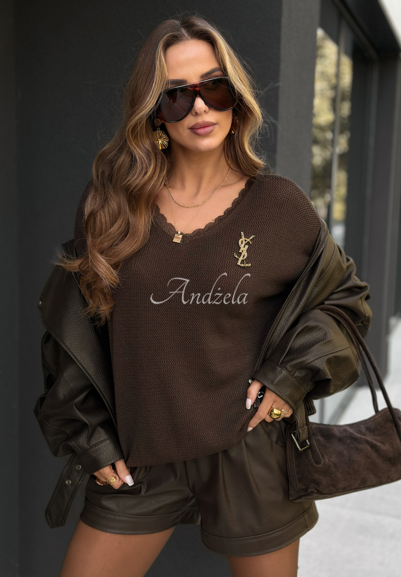 Viscose sweater with lace Delete Pics chocolate