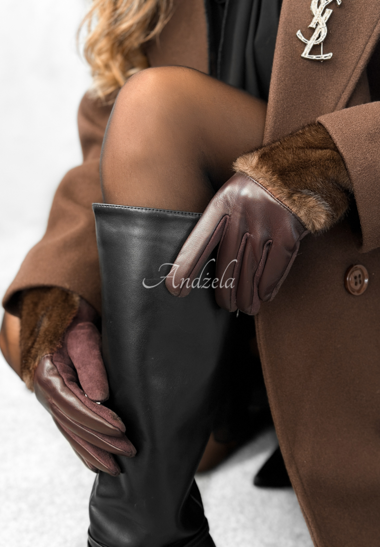 Lederhandschuhe mit Fell Weather Alert Schokoladenbraun
