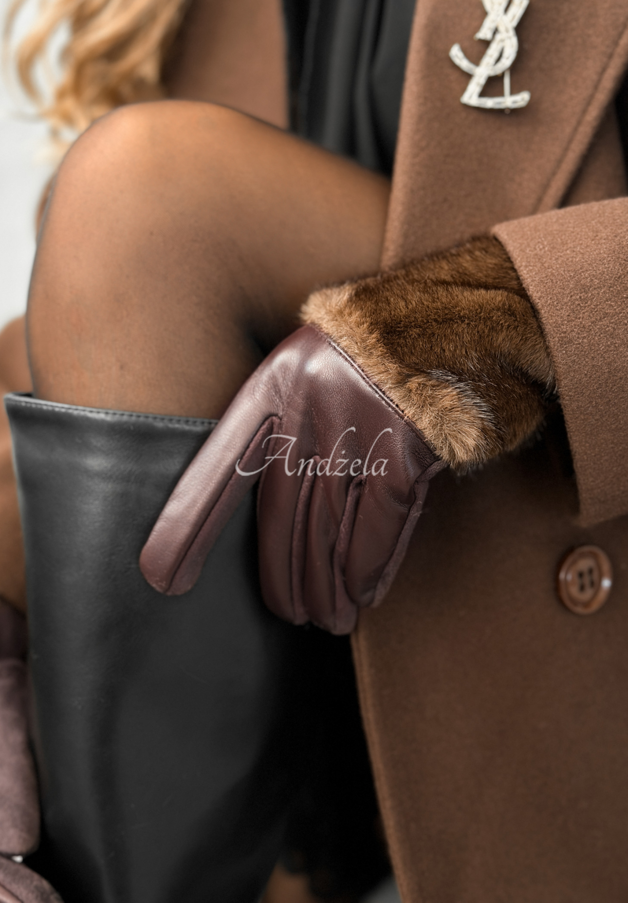 Lederhandschuhe mit Fell Weather Alert Schokoladenbraun