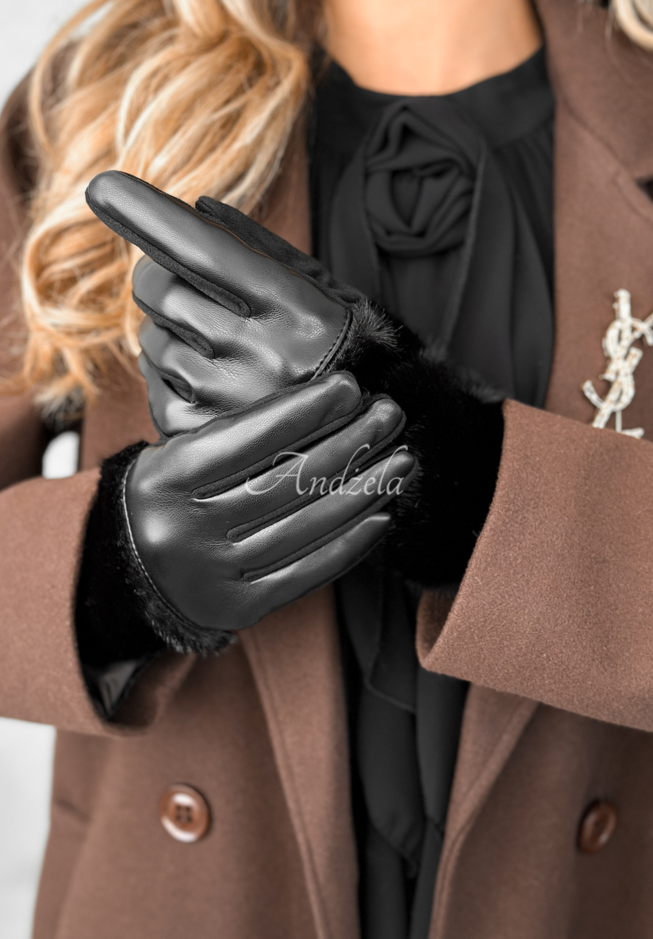 Lederhandschuhe mit Fell Weather Alert Schwarz