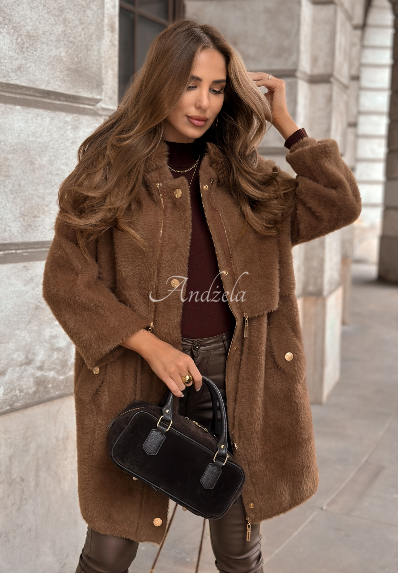 Langer Wollmantel Alpaka mit Angora Inspire Me Schokoladenbraun