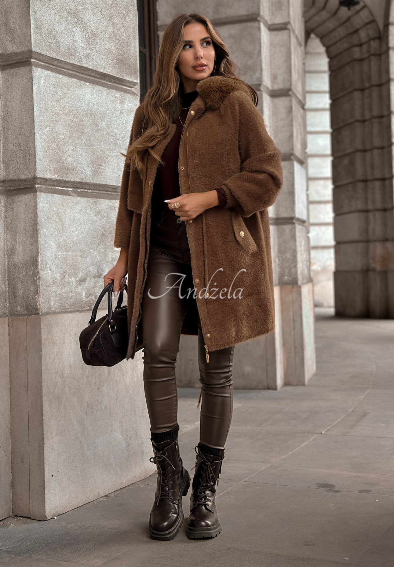Langer Wollmantel Alpaka mit Angora Inspire Me Schokoladenbraun