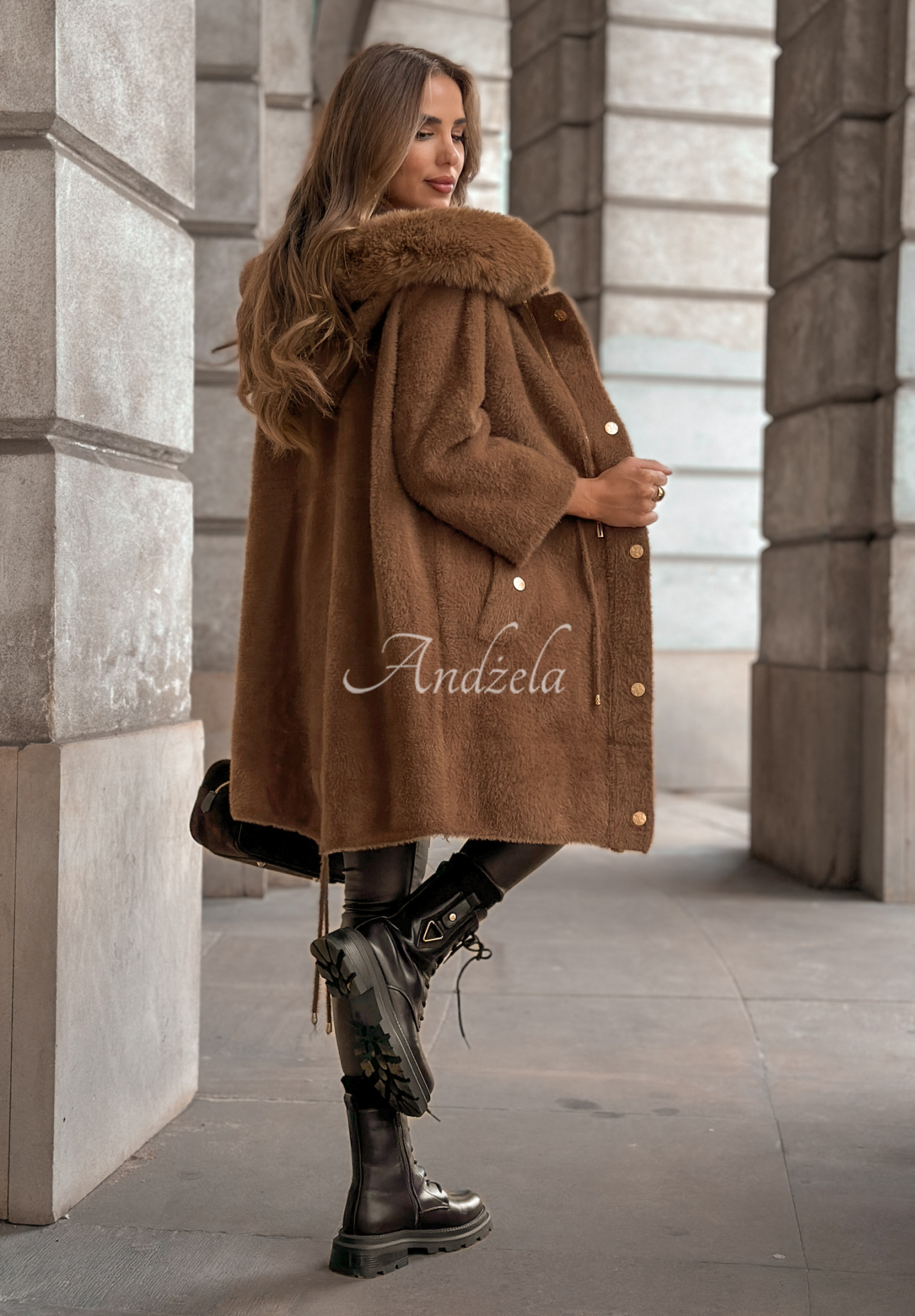 Langer Wollmantel Alpaka mit Angora Inspire Me Schokoladenbraun