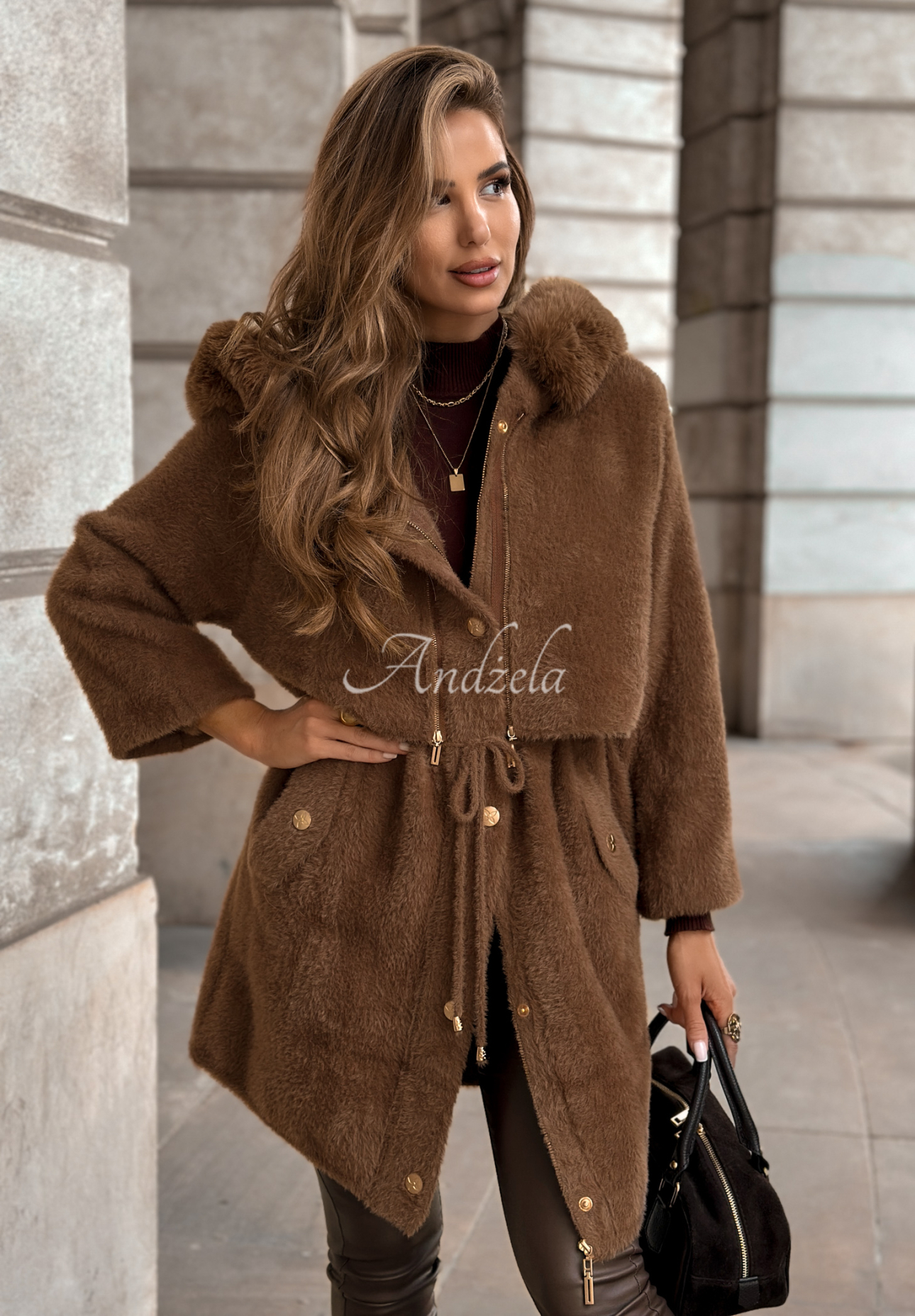 Langer Wollmantel Alpaka mit Angora Inspire Me Schokoladenbraun